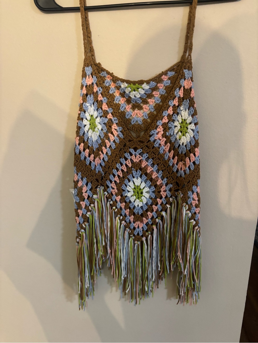 Billabong Crochet Fringe Tank in Brown with Pastel Blue, Pink & Green